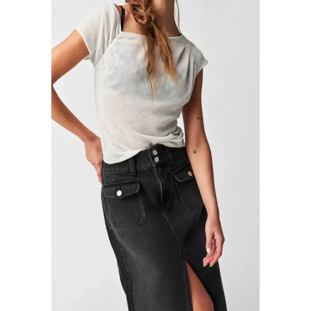 Free People We The Free Madison Midi Denim Skirt Black Size‎ 24 NWOT - Picture 2 of 4